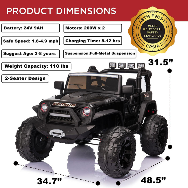 DreamDwell Home Voiture electrique pour enfants 2 places 24V 2X200w avec telecommande parentale lumieres DEL portes ouvertes doubles ceinture de securite musique MP3 port AUX suspension a ressort pour...